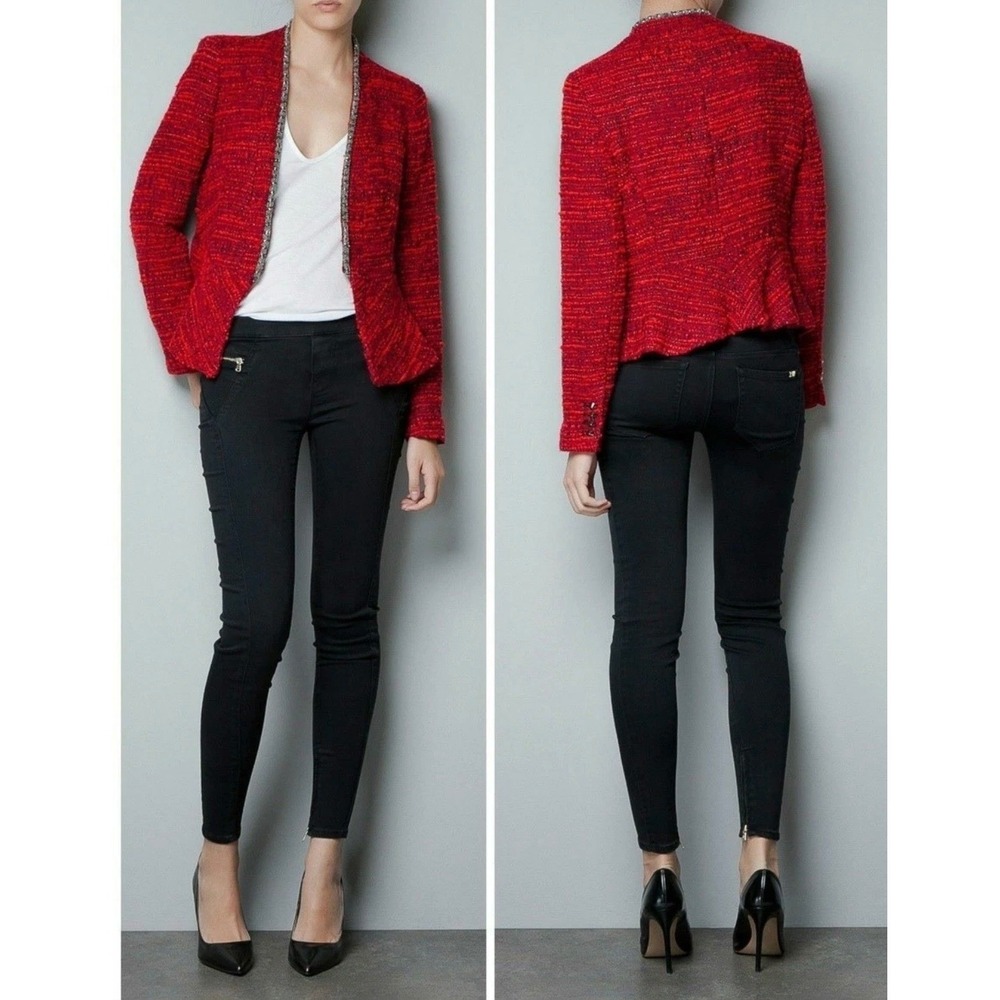 Zara Basic Women Red Tweed Boucle Blazer Metallic Bead Trim Jacket Size XS READ